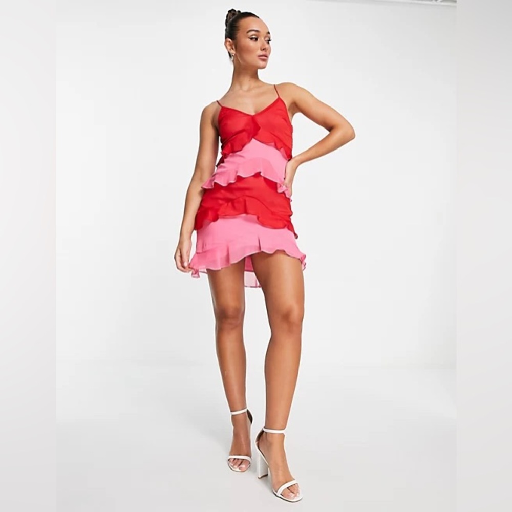 Never Fully Dressed tiered contrast mini dress in red and pink